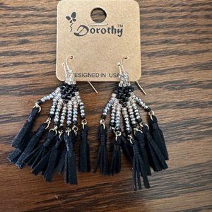 Crystal Bead and Tassel Black Drop Statement Earrings